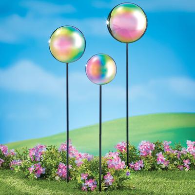 Iridescent Gazing Balls with Garden Stakes - Set of 3 - 6 x 29 x 6