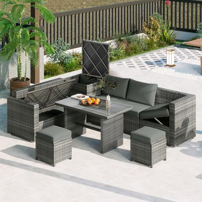 6-Piece Rattan Outdoor Sectional with Adjustable Seat and Storage Box,Tempered Glass Top Table