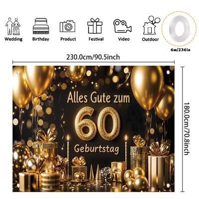 TEMU Happy 60th Birthday Party Banner - Black & Golden Polyester Decoration, For Indoor/outdoor Use, Cake Table & Garden Celebrations Image