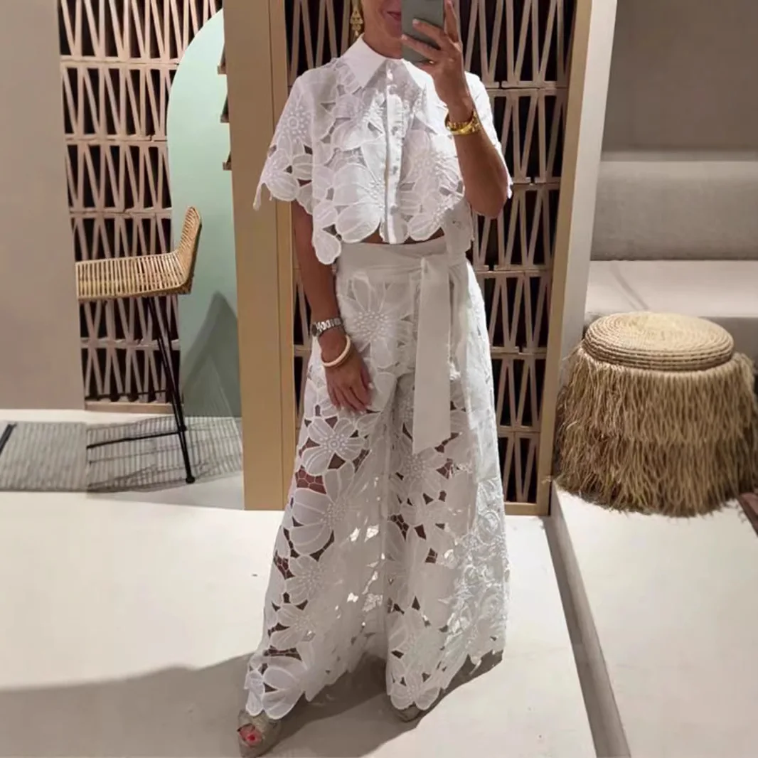 Set da 2 pezzi sexy in pizzo cavo moda nuova camicia top + pantaloni a gamba larga abiti da donna moda tinta unita eleganti set casual femminili