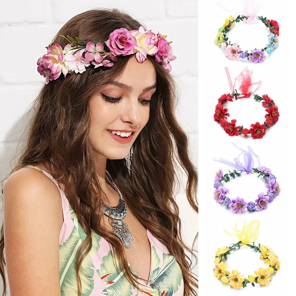 Mode Böhmen Girlande Rose Blume Krone Frauen Stirnbänder mit verstellbaren Band Mädchen Blumenkranz Braut Halo Kopf bedeckung Image
