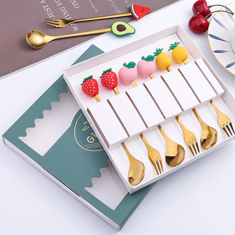 4 stücke/6 stücke Nette Puppe Gabel Löffel Geschenk Geschirr Set Obst Löffel Gabel Kaffee Löffel Tier Löffel Begleiter geschenk Set Image