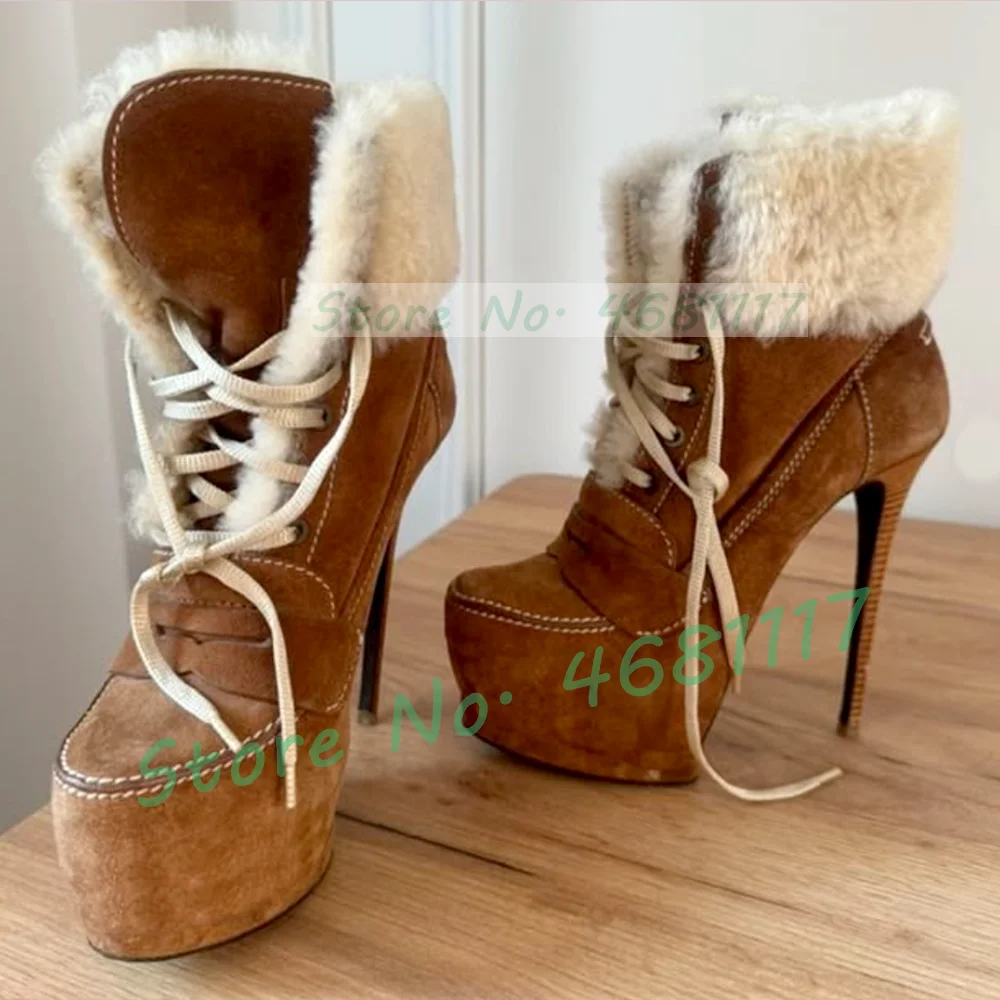Braune Plateau-Stiletto-Stiefeletten für Damen, stilvoll, mit Fellwickel, Holzmaserung, High Heels, Booties, weiblich, zweifarbig, runde Zehen, Wildlederschuhe