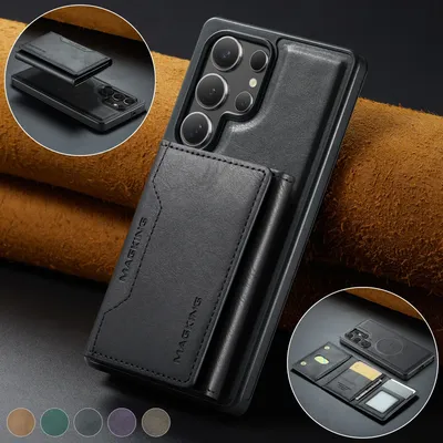 2 IN 1 Hülle für Samsung Galaxy S25 S24 Ultra Plus FE Wireless Charger Magsafe Wallet Lather Card Pocket Magnetic Kickstand Case