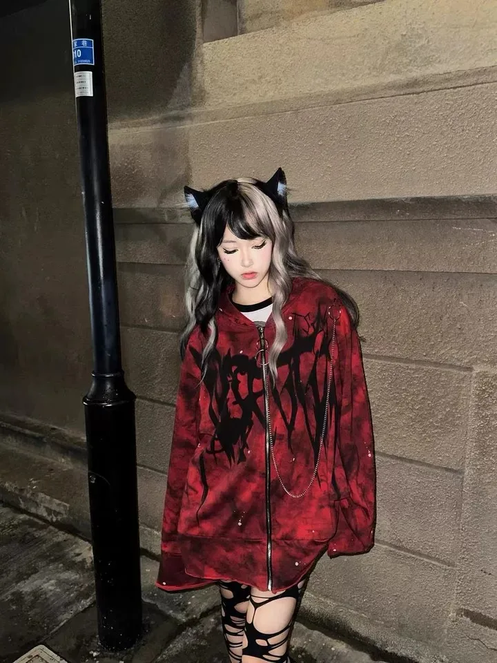 Buchstaben Druck Vintage Gothic Mantel Frauen Metall Ketten Rot Punk Subkultur Sweatshirt Mit Kapuze Jacke Lose Outercoat