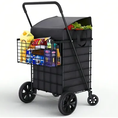 Shopping Cart w/Waterproof Basket Liner & 360° Swivel Wheels | Foldable Collapsible & Lightweight |