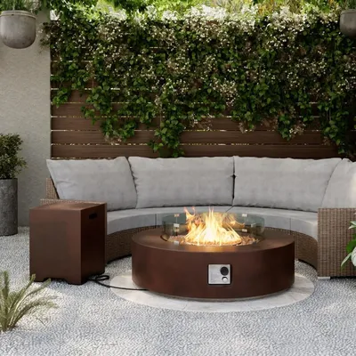 Outdoor Propane Fire Pit,Circular Dark Brown Patio Fire Table 50,000 BTU w 20Gallon Tank Cover,Glass