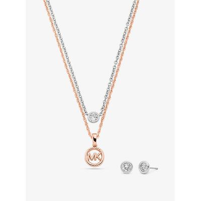 Michael Kors Double Layered Necklace and Stud Earrings Gift Set Silver One Size