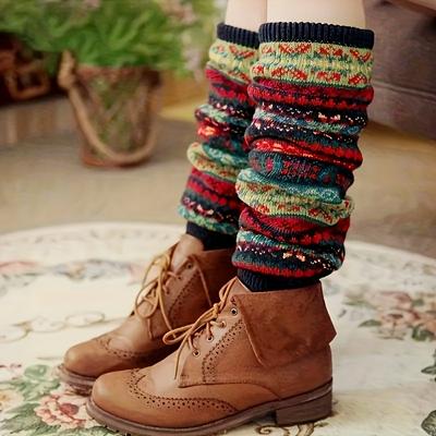 TEMU Women's Over-the- Socks, Acrylic 100% Warm Leg Warmers, Tribal Pattern With Embroidery Detail, Knit Fabric, Machine Washable - Autumn Winter Image