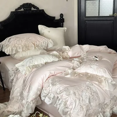 4Pcs Pink Flowers Embroidery Chiffon Lace Bedding Set 1000TC Egyptian Cotton Duvet Cover Set Bed Sheet/Fitted Sheet Pillowcases