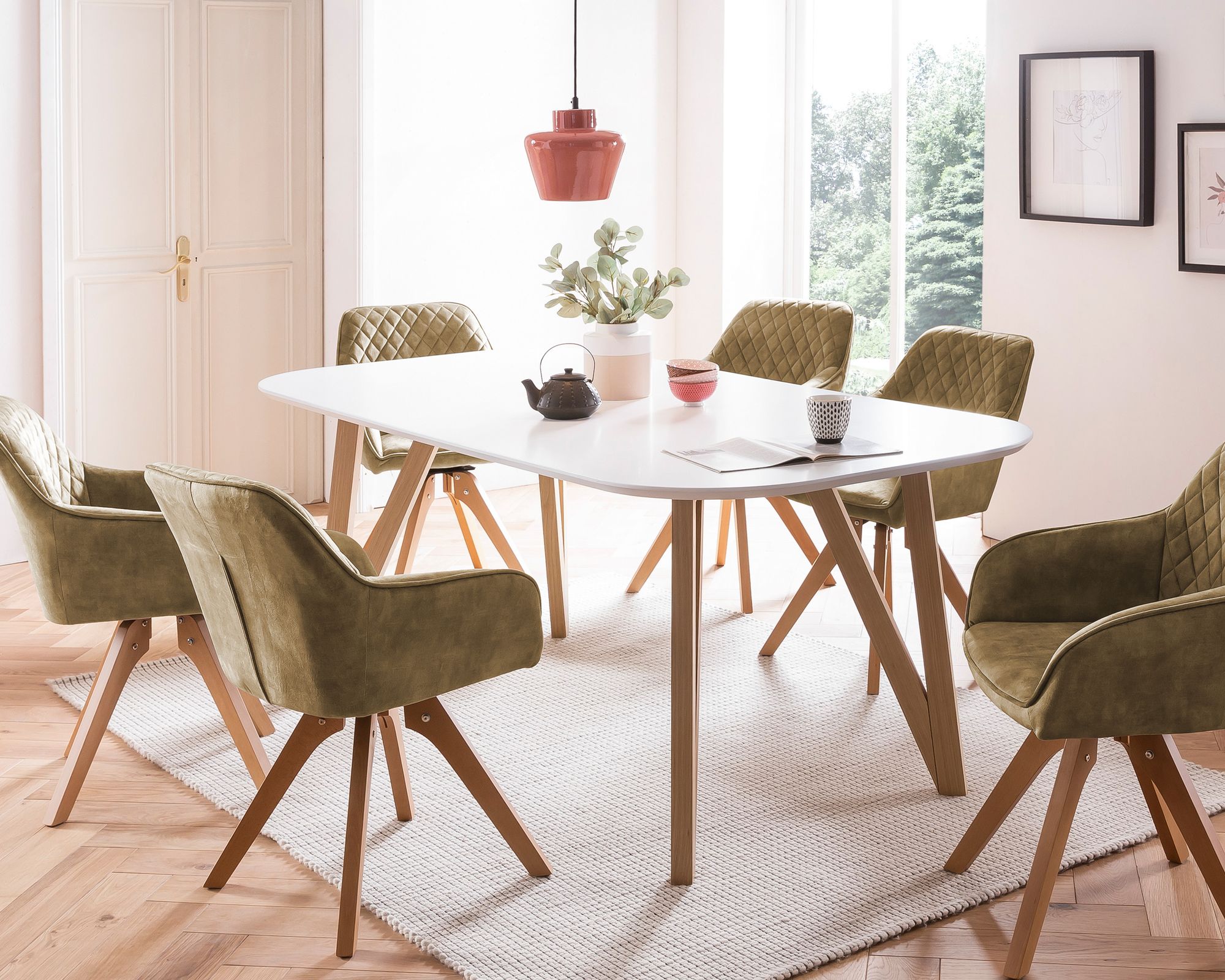 SalesFever »Aino-Mercur« Esszimmergruppe 5-teilige grün/weiß Esstisch 180x90 cm