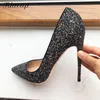 Tikicup Bling Schwarz Pailletten Frauen Sexy Spitze Zehen 8-12cm High Heel Party Schuhe Bequeme Chic Stiletto Pumps große Größe 33-45