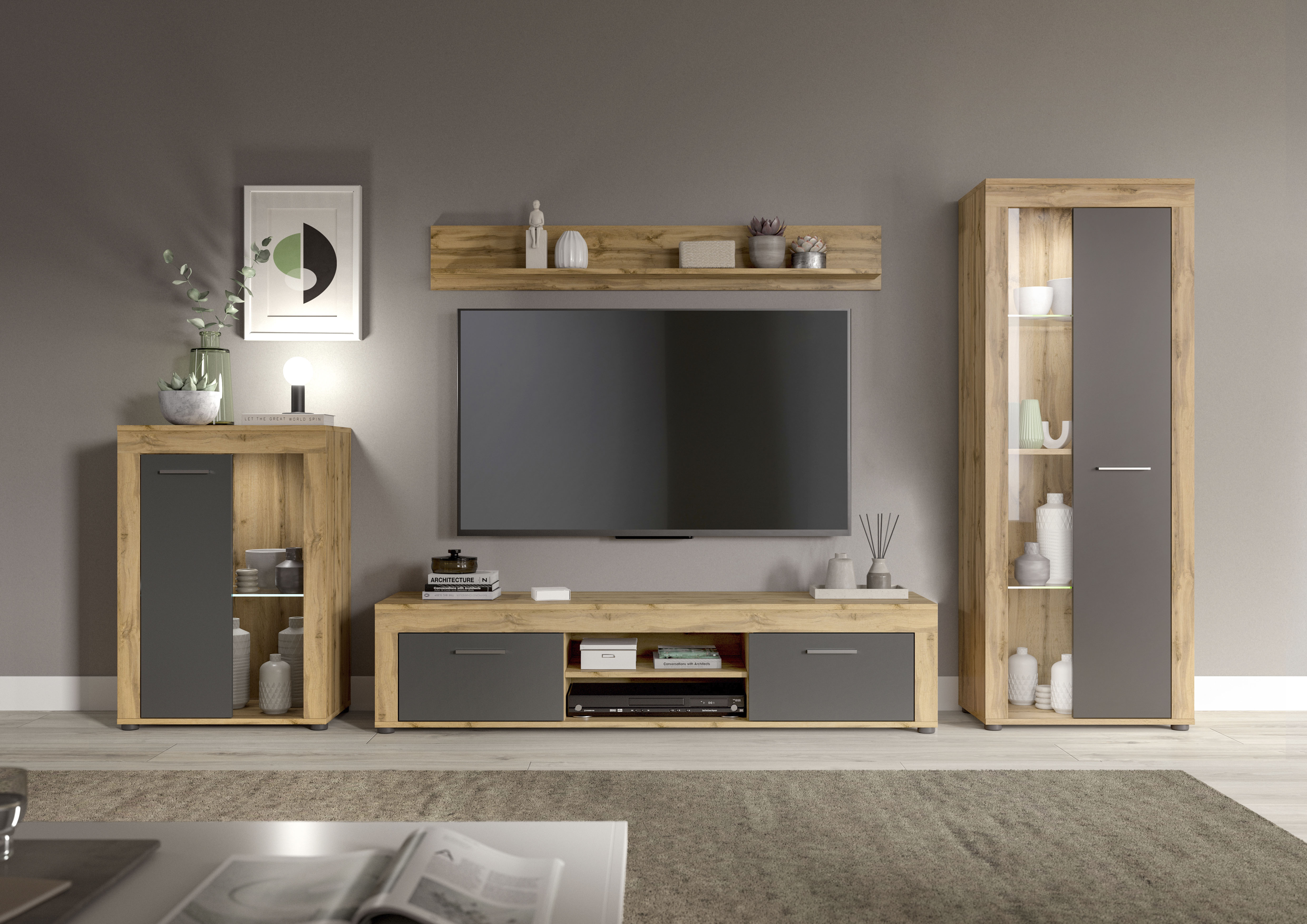 Wohnwand INOSIGN "Aosta, 4-tlg., best. aus: Vitrine, Lowboard, Wandboard & Vitrine hoch", wotan eiche nachbildung, grau, B:330cm H:159cm T:40cm, Holzwerkstoff, Kastenmöbel-Sets, Wohnwand, Kombination, Anbauwand, Möbel Set, Schrankwand, Möbel Kombi