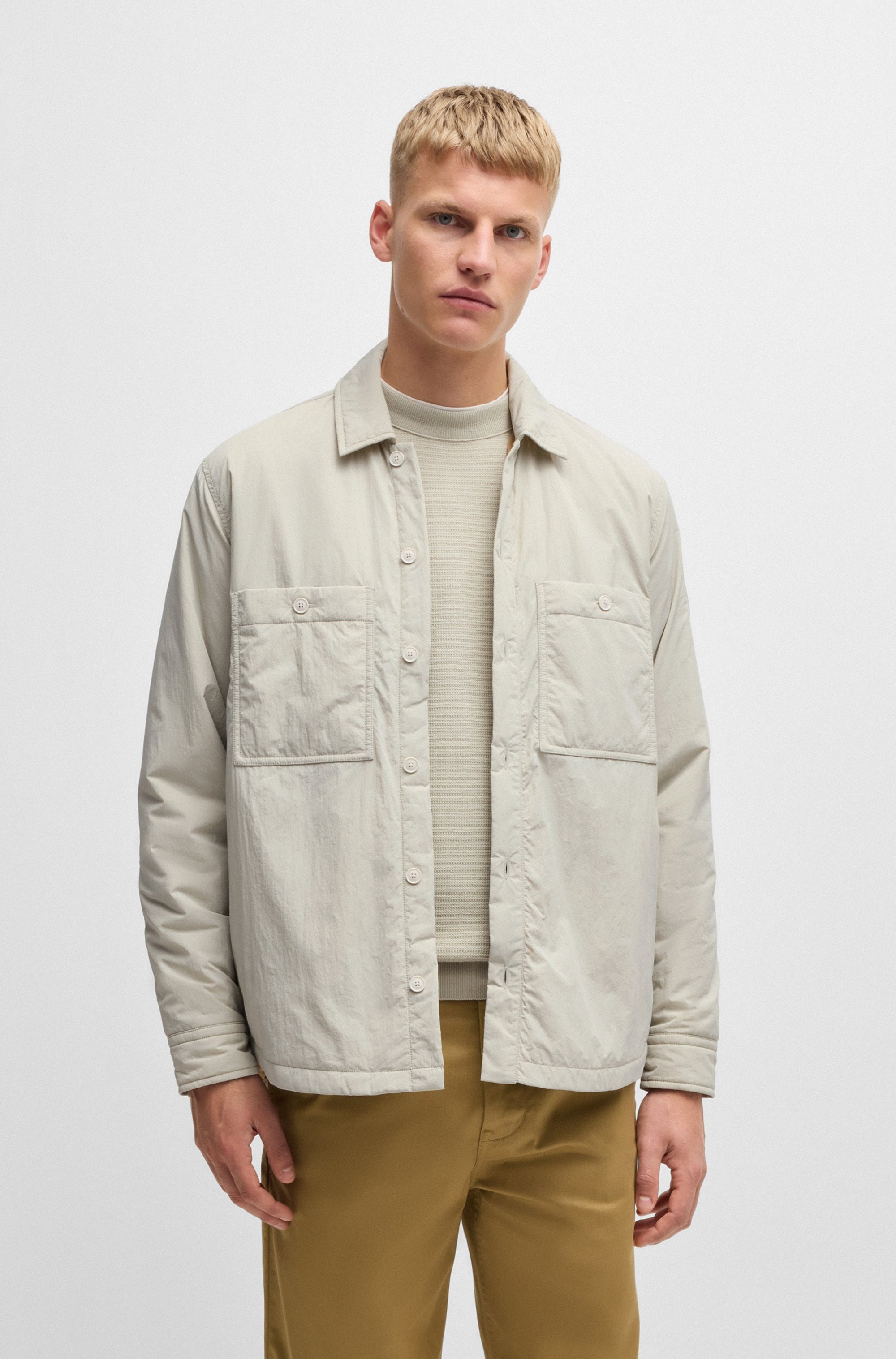 Langarmhemd BOSS ORANGE, Herren, Gr. XXL, N-Gr, beige (light beige271), Web, Obermaterial: 100% Polyamid, unifarben, oversize hüftlang, 1-Knopf-Manschette mit Schlitz, Hemden, mit großen Brusttaschen