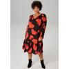 Sommerkleid ANISTON PLUS, Damen, Gr. 50, N-Gr, schwarz (schwarz, rot), Web, Obermaterial: 100% Viskose, bedruckt, geblümt, gemustert, casual, lässig geschnitten knieumspielend, V-Ausschnitt, Langarm mit Gummizug, Kleider, Mit großflächigem Blütendruck