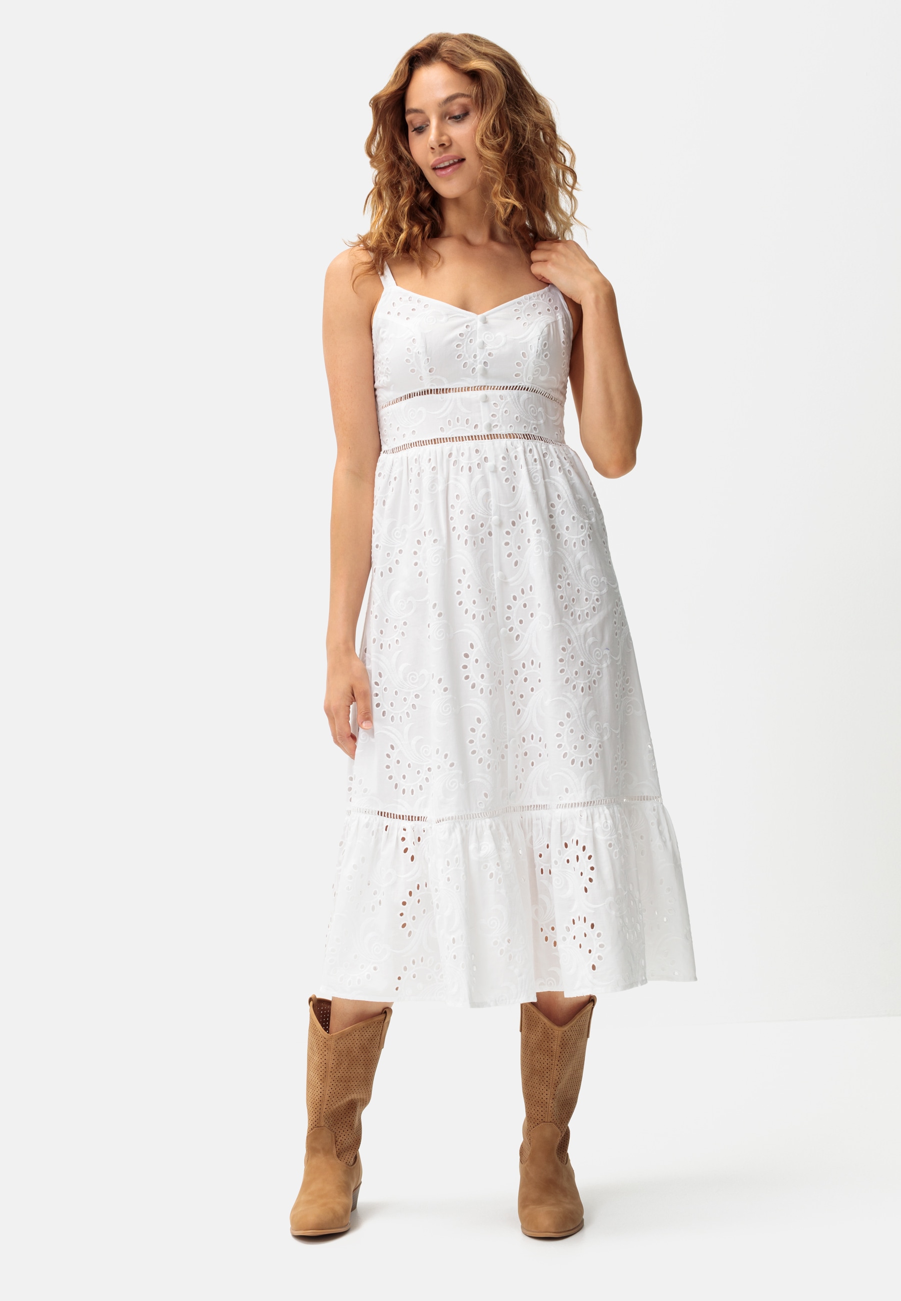 Midikleid LASCANA, Damen, Gr. 38, N-Gr, weiß, Web, Obermaterial: 100% Baumwolle. Futter: 100% Baumwolle, unifarben, figurumspielend ca. Mitte Wade, V-Ausschnitt, Kleider, mit sommerlicher Lochstickerei Image