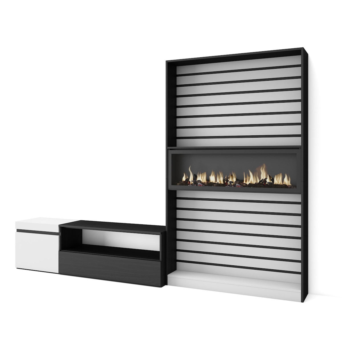 SKRAUT HOME Wohnzimmer-TV-Schrank, Wohnzimmer-Wandsystem, 260x35x186cm, Für TVs bis 65“, Elektrischer Kamin, Moderner Stil, Schwarz und weiß _ 89_19 Image