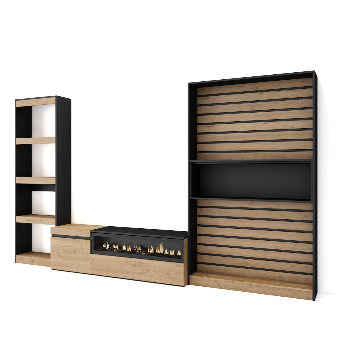 SKRAUT HOME Wohnzimmermöbel TV, Wohnzimmer Wandsystem, 320x35x186cm, Elektrokamin, Moderner Stil, Eiche und Schwarz - 91_42 Image
