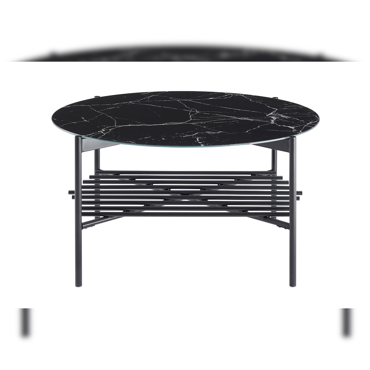 SalesFever Couchtisch Ø 84 cm | rund | 6 mm Glasplatte in Marmoroptik | Metallgestell | B 84 x T 84 x H 43 cm | Schwarz Image