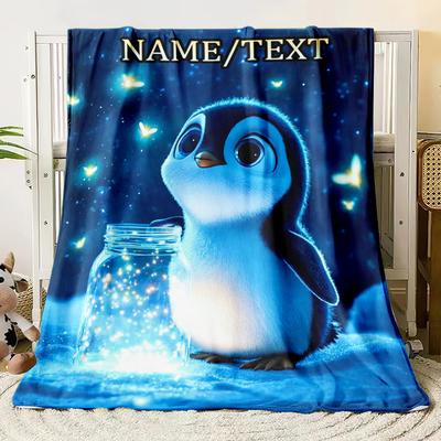 TEMU Personalized Penguin-themed Flannel Blanket - Soft, Lightweight & Throw For Couch, Bed, Travel & Office - Custom Name Option - Perfect Gift For Family & Image
