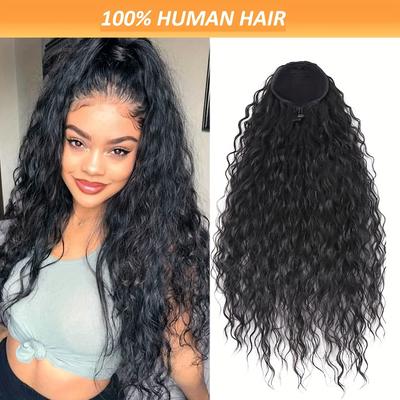 TEMU Hair Water Wave Drawstring Ponytail Extension With Clips - Natural Black Color, Elegant Style For Women, High-quality Clip-in Hairpiece For Added Length & Volume, Hair Accessories Image
