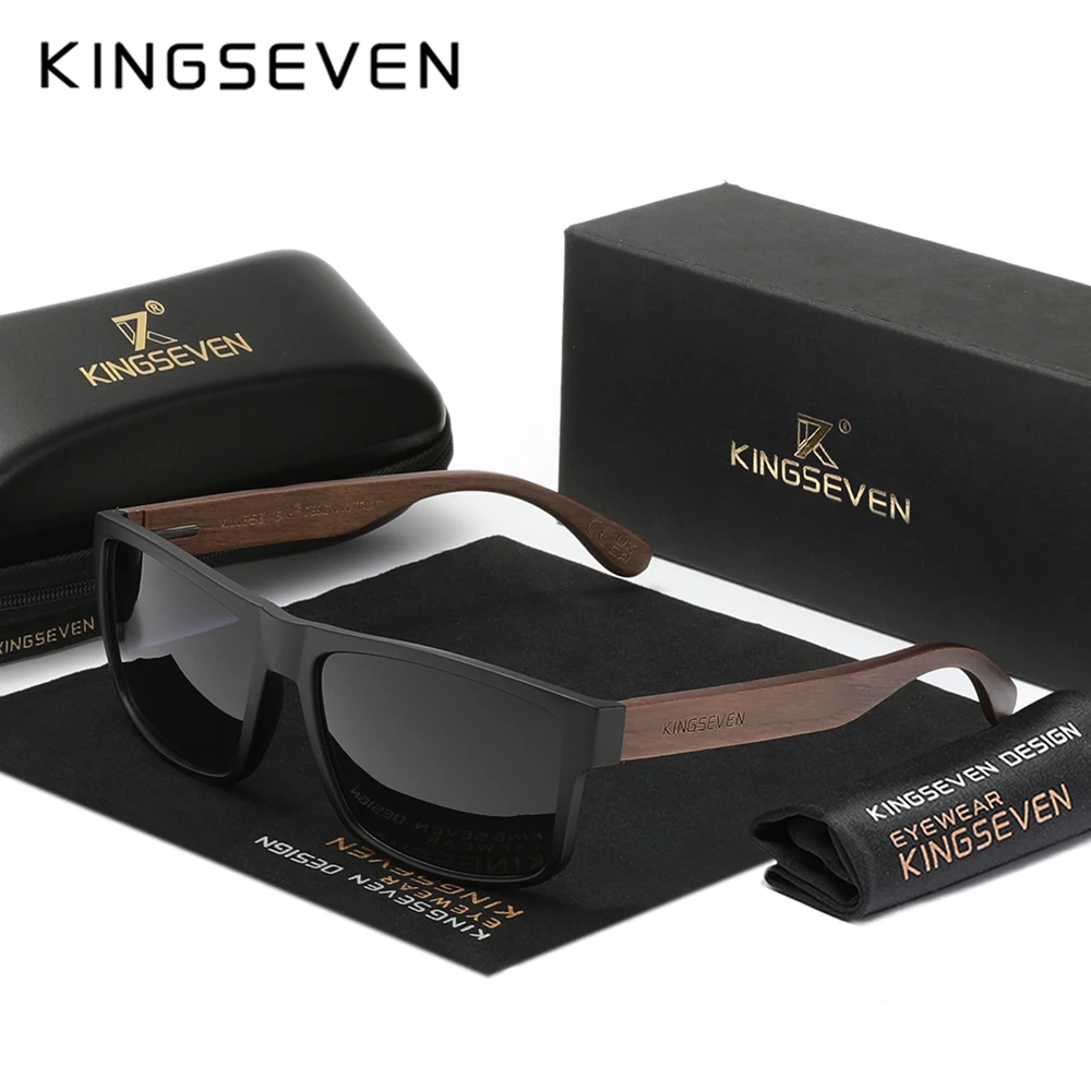 KINGSEVEN Vintage Schwarz Walnuss Sonnenbrille Holz Polarisierte Sonnenbrille männer Gläser Handgemachte Sonnenbrille Frauen Gafas De sol Brillen Image