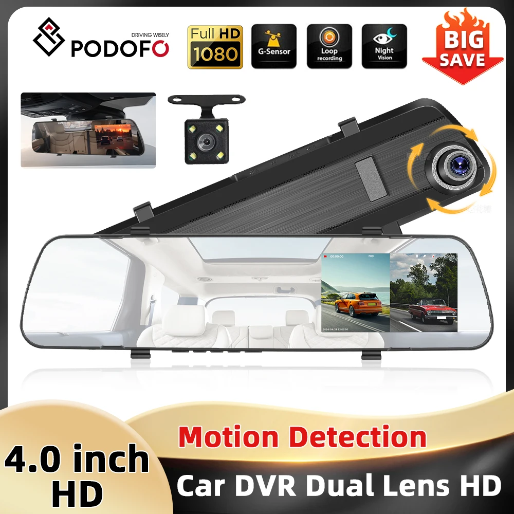 Podofo 4.0" Dual Lens Car Mirror Recorder LCD Screen 1080P Car DVR Motion Detection Loop Recording Rearview Cam Support TF Card Image