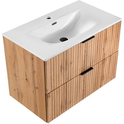 Waschtischunterschrank mit Waschbecken 80cm ADELAIDE-56 Wotaneiche mit gerillter Front, b/h/t ca. Image