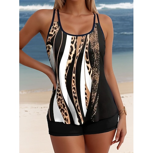 Damen Tankini 2-teiliges Badeanzug Leopard Boy Leg Rücklos Urlaub Strandbekleidung Geometrisches U-Braut Ärmellos Badeanzüge Image