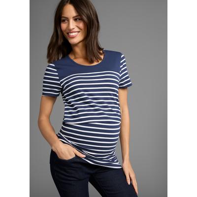 Umstandsshirt NEUN MONATE "Geringeltes Schwangerschaft und Still-Shirt", Damen, Gr. 40/42, blau (blau geringelt), Single Jersey, Obermaterial: 95% Baumwolle, 5% Elasthan, modisch, bequem, Rundhals, Kurzarm abgesteppte Kante, Shirts, für bequemes...
