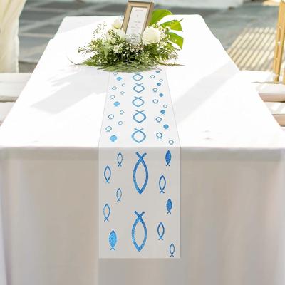 TEMU 600x30cm Baptism Table Runner Table Band First Communion Decoration Communion Fish Tablecloth Confirmation Table Decoration Organza With Blue Fish For Boys And Girls Baby Party Baby Shower Image
