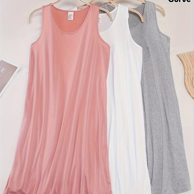 TEMU 3pcs Plus Size Basic Casual Dress Set, Spring/summer Women's Oversized Solid Color Round Neck Tank Sleepwear Image