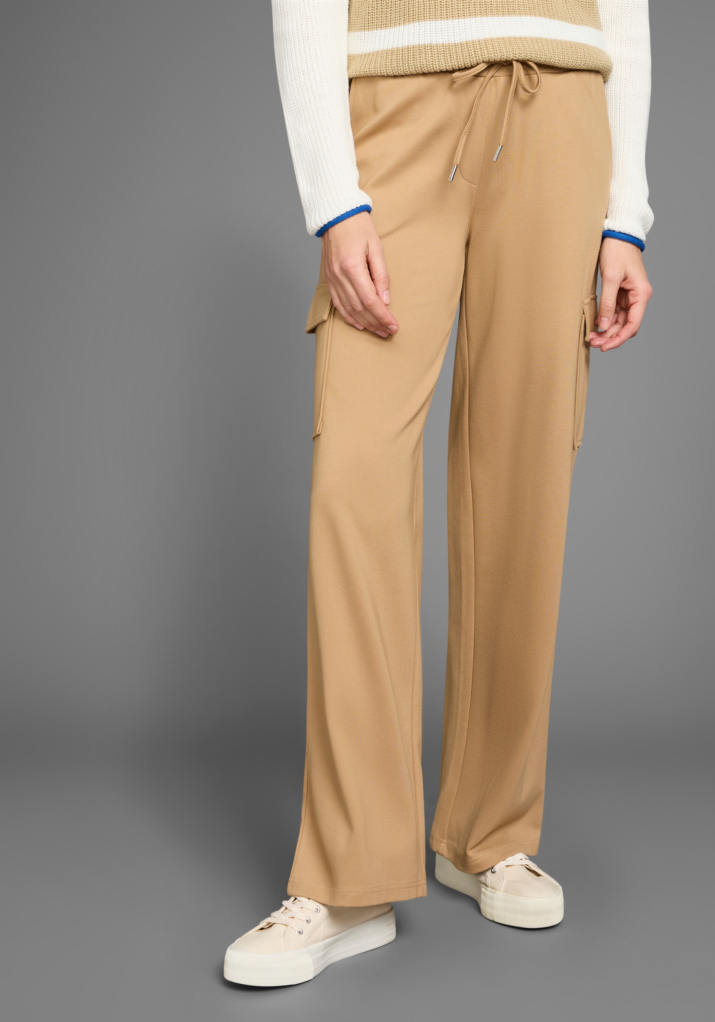 Cargohose HECHTER PARIS, Damen, Gr. 36, N-Gr, beige, Jersey, Obermaterial: 70% Viskose, 25% Polyamid, 5% Elasthan, unifarben, figurumspielend extralang, Hosen Cargohose, mit aufgesetzten Taschen