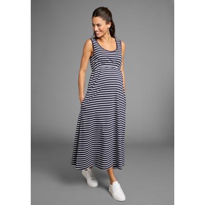 Umstandskleid NEUN MONATE "Langes Schwangerschaftskleid", Damen, Gr. 38, N-Gr, blau (blau geringelt), Single Jersey, Obermaterial: 95% Baumwolle, 5% Elasthan, geringelt, modisch, Rundhals, ohne Ärmel, Kleider, Jersey-Kleid für Schwangerschaft und... Image