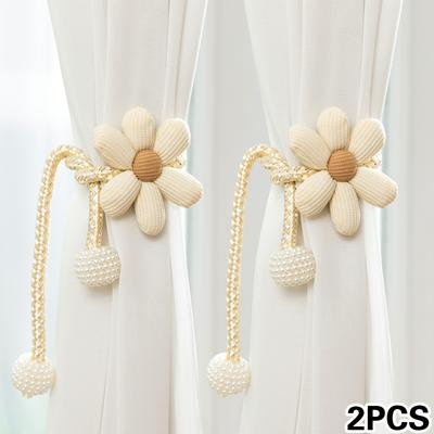 TEMU 2pcs Beige/curry 3d Floral & Pearl Curtain Tiebacks - Adjustable, No-hole Design For Easy Hanging - Durable Polyester Home Decor For Living Room, Bedroom, Office, Modern Minimalist Style, , Cute Image