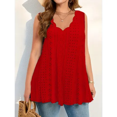Plus Size Scallop Trim Tank Top Solid Sleeveless Eyelet Tank Top For Summer Women's Plus Size Clothing
