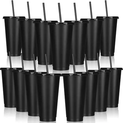 5PCS Tumbler with Straw Lid 16/24oz Reusable Plastic Cups Water Bottle Travel Mug Cup Tumblers Black Transparent Cold Hot Drinks