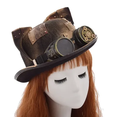 Katzenohren Hüte Lolita Gothic Punk Steampunk Zylinder für Frauen Handgefertigte Fedora Bowler mit Image