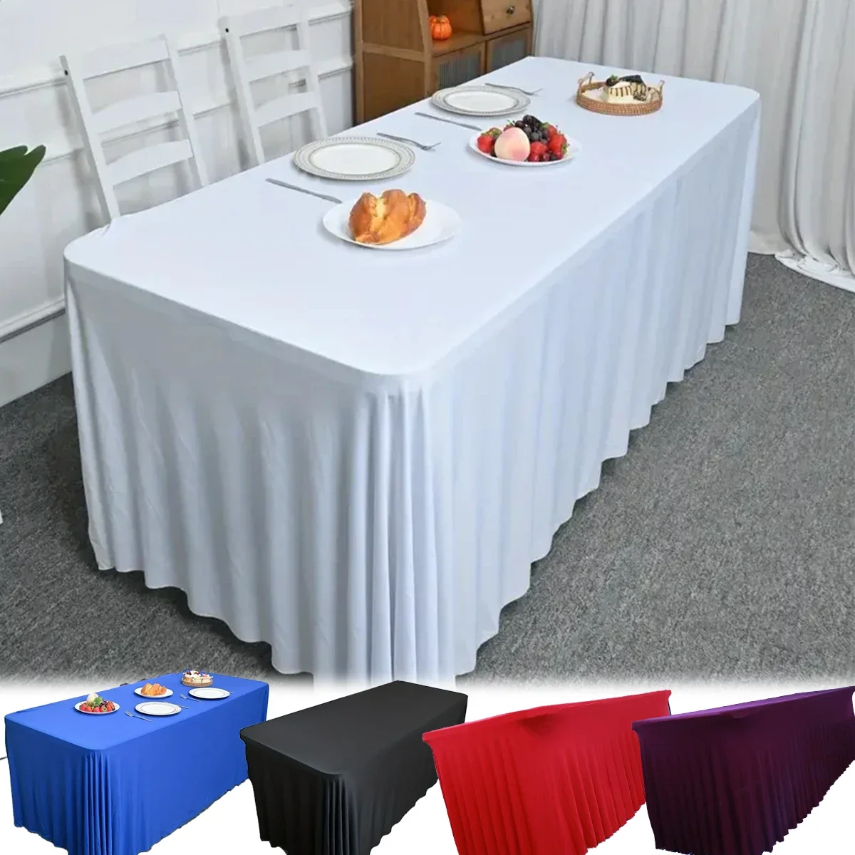 1PC Rechteck Tisch Röcke Polyester Ausgestattet Tisch Abdeckung Weiß Schwarz Tischdecke Abdeckung Tischrock Party Hochzeit Event Dekoration Image