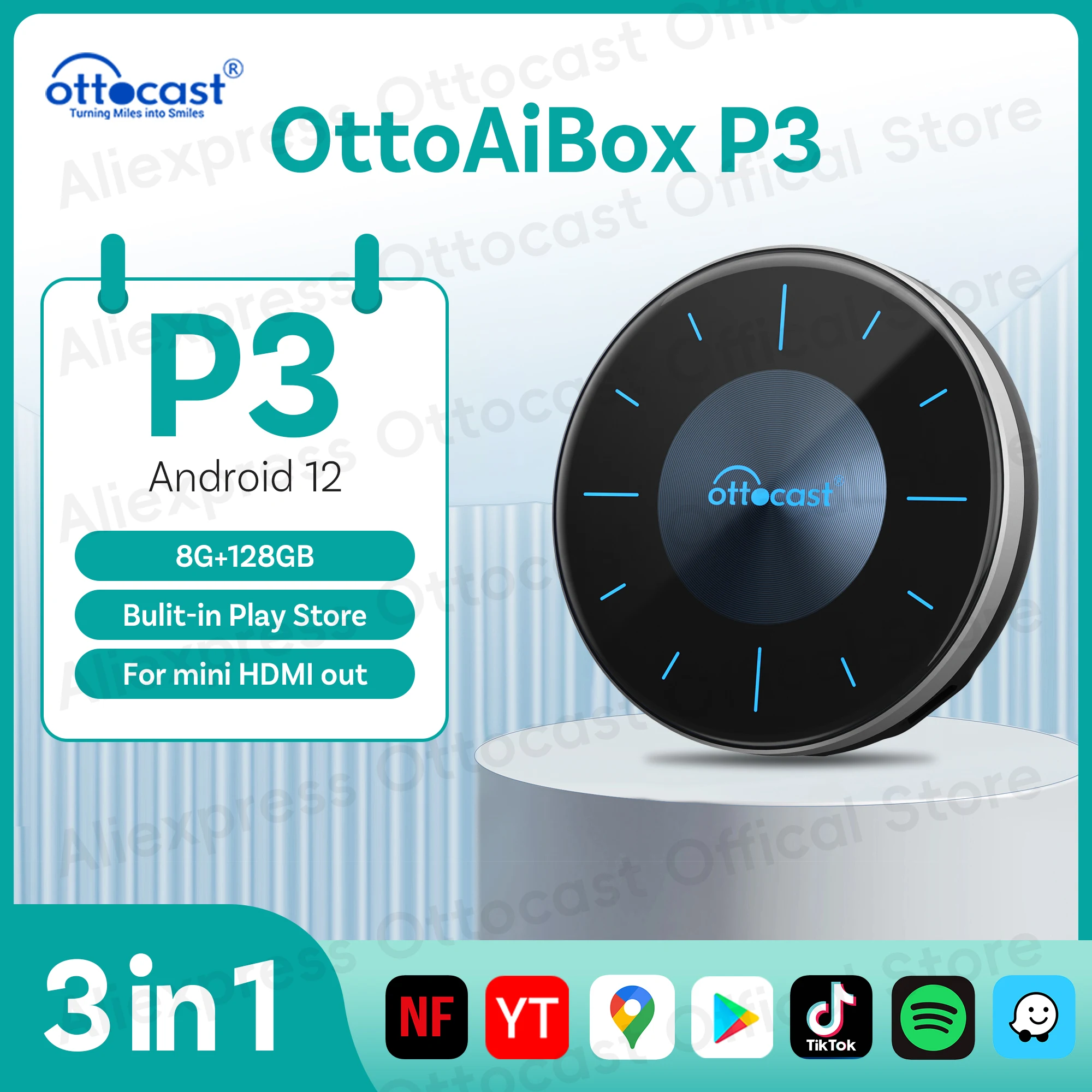 OTTOCAST P3 Android AI Box für Youtube Netflix Wireless CarPlay Android Auto TV Box für HDMI Out Auto Zubehör Geschenk für Männer Image
