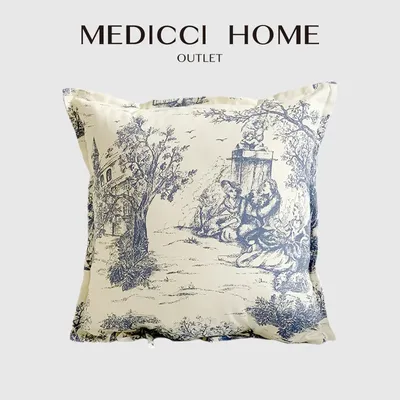 Medicci Home Toile De Jouy Kissenbezug, französischer Retro-Stil, ländliches Bauernhaus, dekorativer Leinwand, blauer Überwurf-Kissenbezug, 45 x 45 cm Image