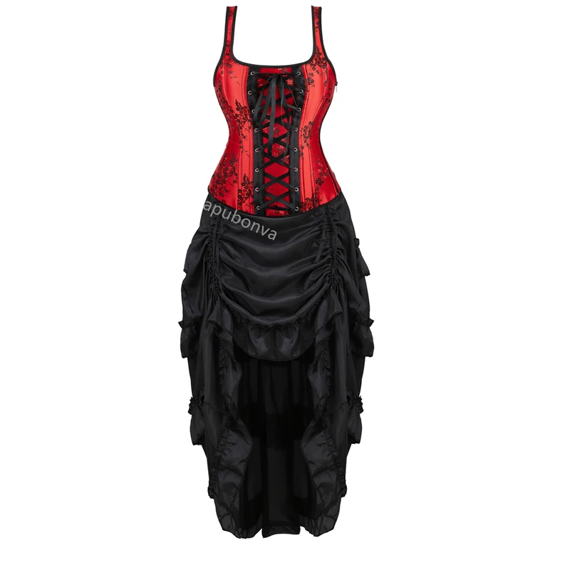 Rotes Korsett Kleid Frauen Skrit Set Schulter gurt Spitze Kostüm Party sexy Burlesque Halloween Basken Outfit plus Größe schwarz