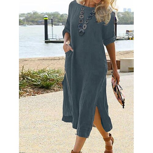 Damen Midikleid Baumwoll Mischung Shiftkleid Freizeitkleid Elegant Basic Lässig Täglich Urlaub Normale Passform Einfach Langarm Rundhalsausschnitt Schwarz Rosa Dunkelblau Dunkelgray Frühling Herbst Image
