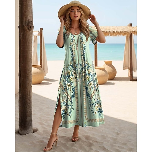 Damen Maxi Kleid T-Shirt Kleid Tee Kleid Strandkleid Shift Kleid Bohemia Urlaub Party Feiertag Reguläre Passform Vintage Bohemian Kurzarm Rundhalsausschnitt Schwarz Rot Navy Blau Blau Image