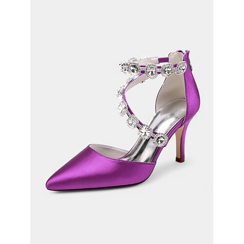 Damen-Stilettos aus violettem Satin mit Knöchelriemen aus Kristall – glamouröse Cocktail-Partyschuhe mit spitzer Spitze für Hochzeiten und formelle Anlässe Image
