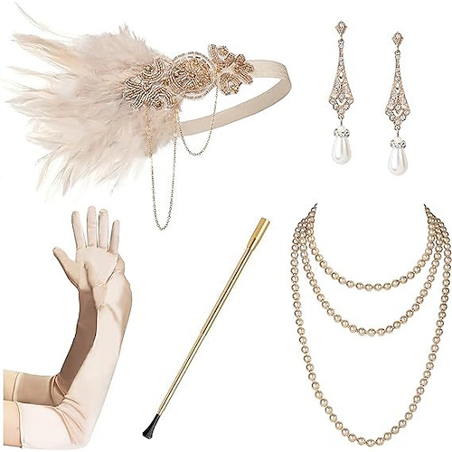 Goldene Zwanziger 1920er Flapper-Stirnband Zubehörset Der große Gatsby Charleston Feder Kostüm Damen Neujahr Maskerade Party Junggesellinnenabschiedsparty Erwachsene Handschuhe Ohrringe Halskette Image