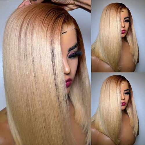 Unverarbeitetes reines Haar 5x5 Verschluss 13x4 Spitzenfront Perücke Kurzer Bob Brasilianisches Haar Glatt Blond Perücke 130% 150% Haardichte mit Babyhaar Gefärbte Haarspitzen (Ombré Hair) Leimlos Image
