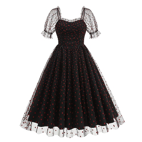 1950er Retro Vintage Knielang Kleid Teekleid Swing-Kleid Herz Tailliert und ausgestellt Schaukel Kostüm Damen Weihnachten Karneval Neujahr Heimkehr Alltagstauglich Junggesellinnenabschiedsparty Image