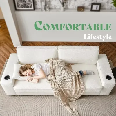 89 inch Offwhite Bouclé Couch for Living Room, Deep Seat Comfy Couch
