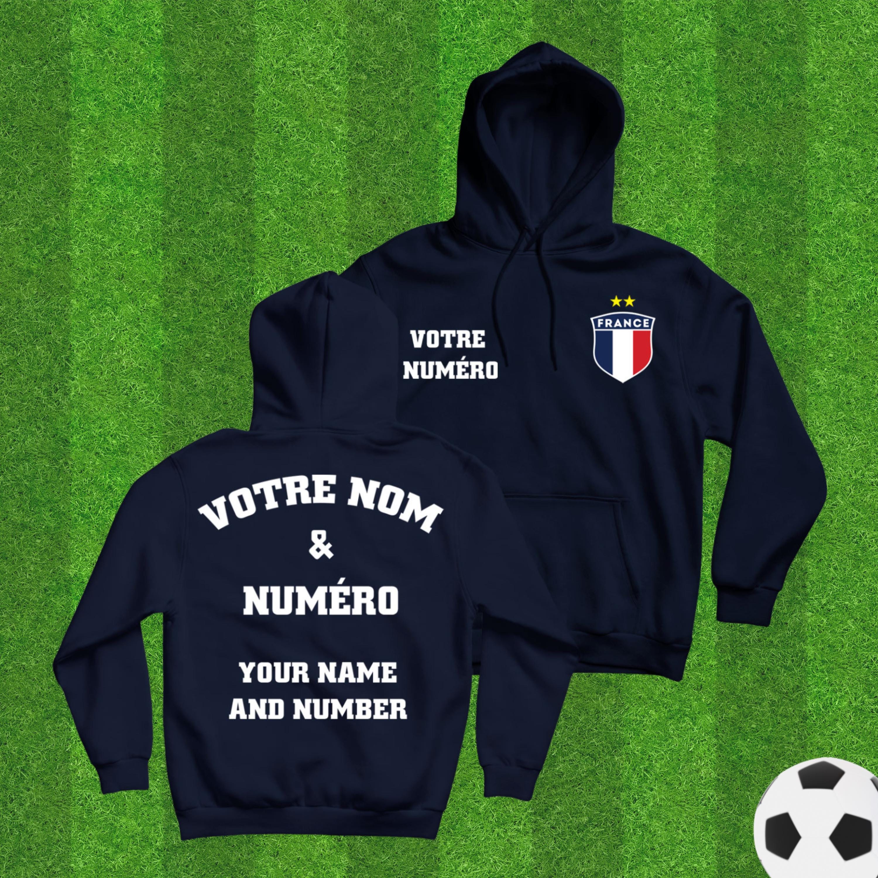 Felpa con cappuccio personalizzata della nazionale francese di calcio: nome e numero personalizzati, felpa con bandiera francese